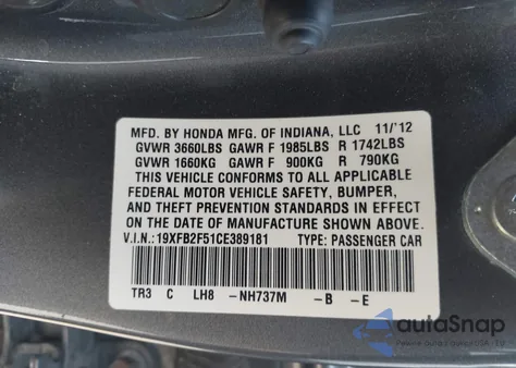 2012 Honda Civic Lx z USA, uszkodzony, nr VIN 19XFB2F51CE389181